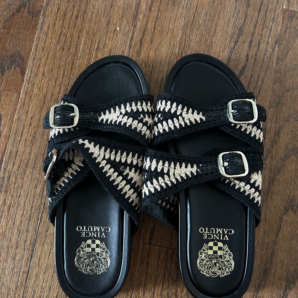 Vince Camuto Black & Cream Woven Double-Buckle Slide Sandals